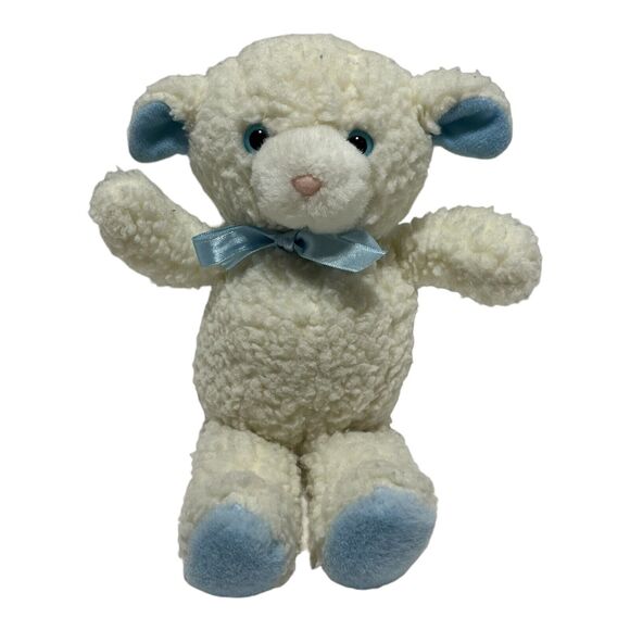 Vintage Russ Lamb Sheep Plush Rattle White Blue Ears Bow Baby Stuffed Animal - Picture 1 of 6
